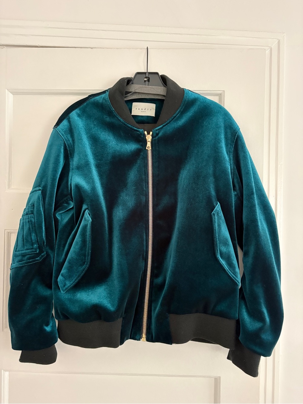 Sandro Teal Velvet Bomber Jacket with Black Trim